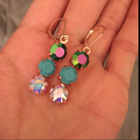 Peacock, turquoise + Aurora Borealis Crystal Drop Earrings - Picture 2 of 8